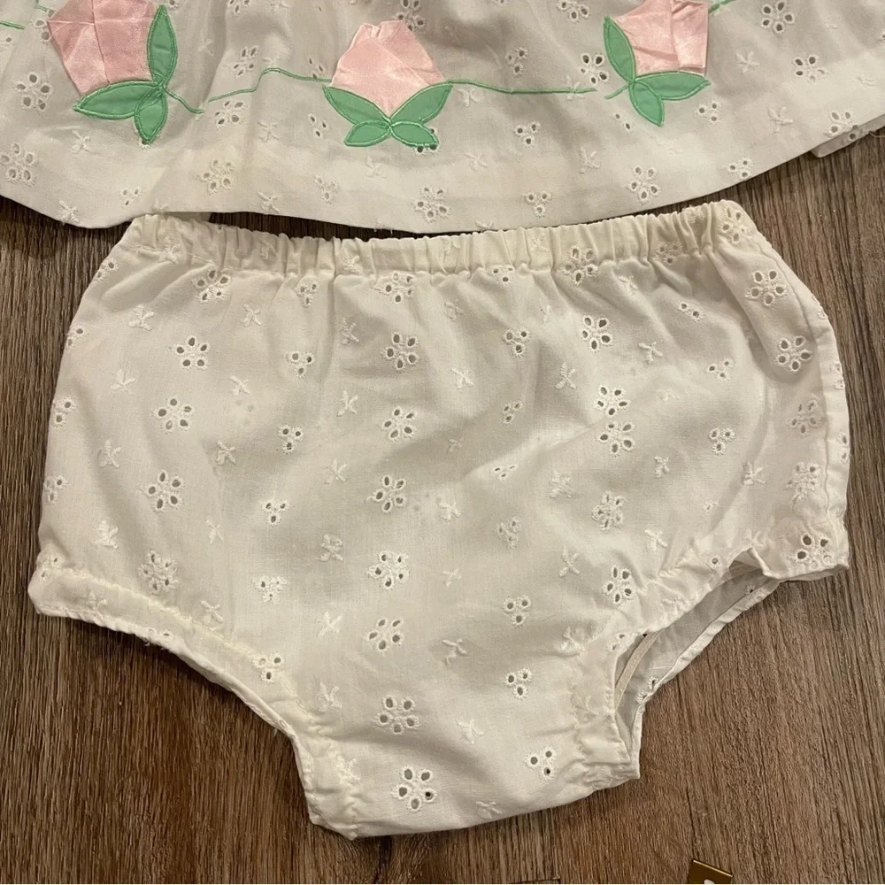 Vintage Baby Girl Set Dress Bloomed Sz 3-6 Mo White Eyelet Rose Buds Pink Bow